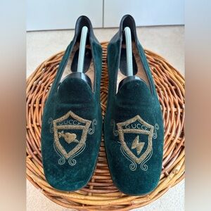 Gucci Green Wire Embroidered Velvet Loafers Men's Size 11 Dark Green Authentic